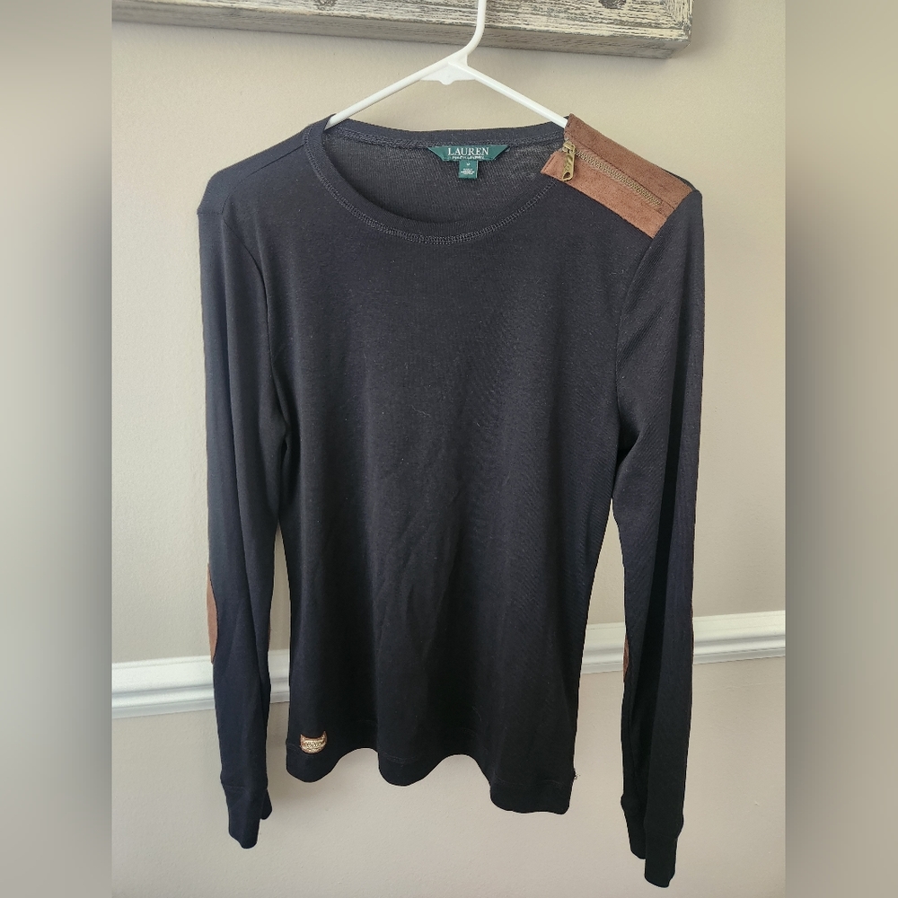Ralph Lauren Black Long Sleeve Brown Suede Elbow Patches & Zipper Detail WSM